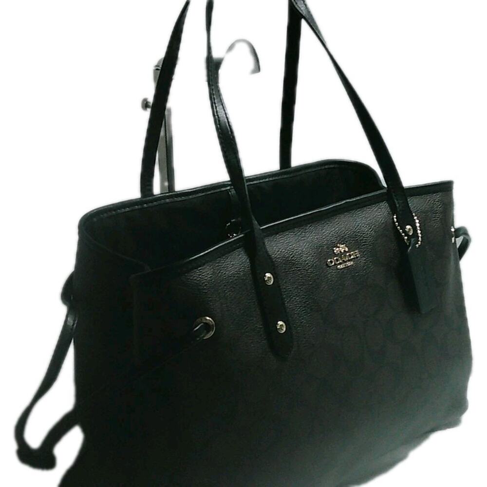 Coach Signature Coated Canvas Tote Black Leather Trim Shoulder Bag F57842
